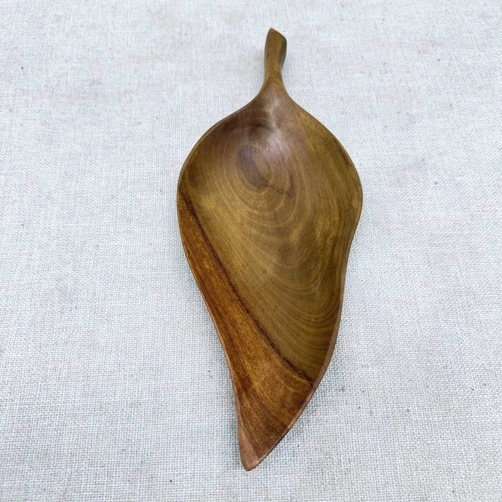 Vintage Hand Carved Wooden Leaf Bowl Mid Century Modern Catchall Tray 11.5 Inch